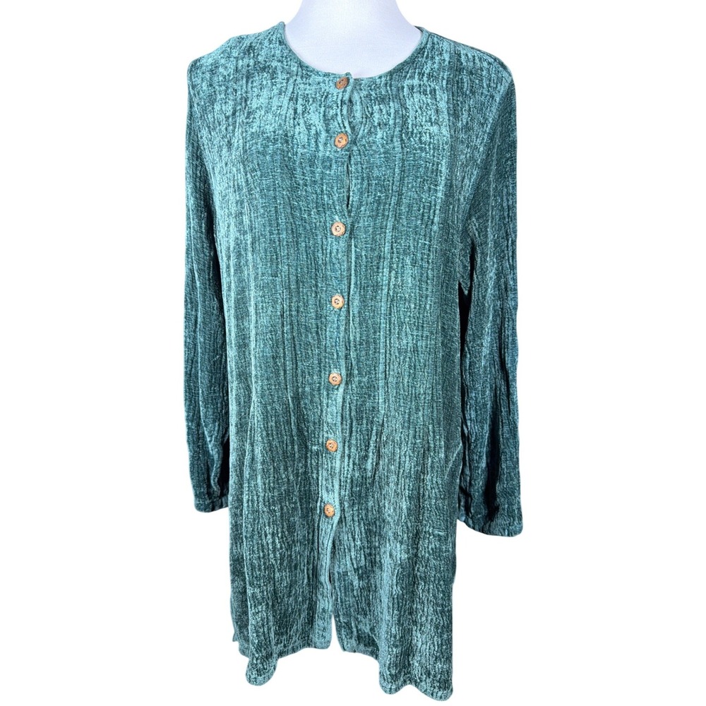 Kleen‎ Womens XL Teal Green Crinkle Textured Button Down Long Sleeve Tunic Top